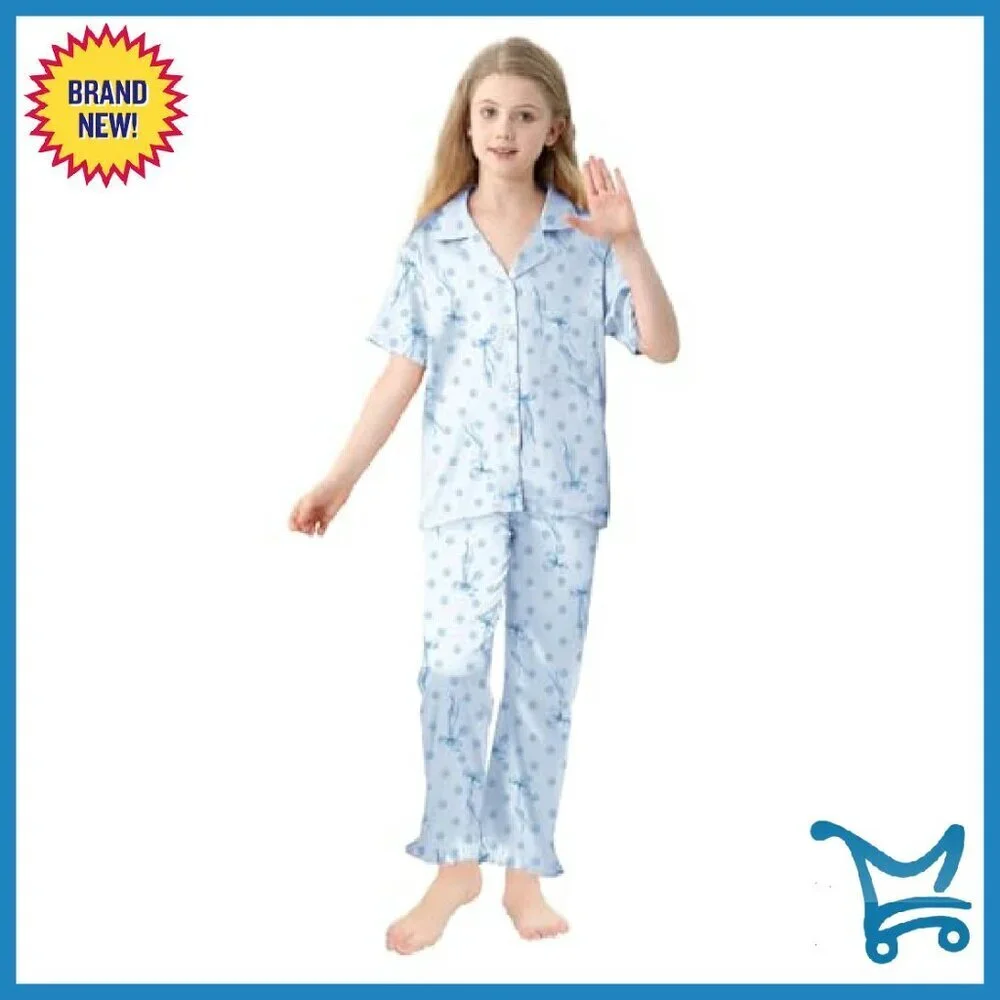 Girls Silk Satin Pajama Set 3-Piece Short Sleeve Sleepwear 5-14Y
